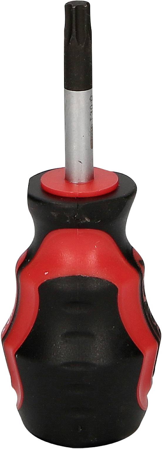 Czarny i czerwony śrubokręt z ergonomicznym uchwytem, ostrze Torx. Idealny do precyzyjnych prac i wygodnego trzymania.