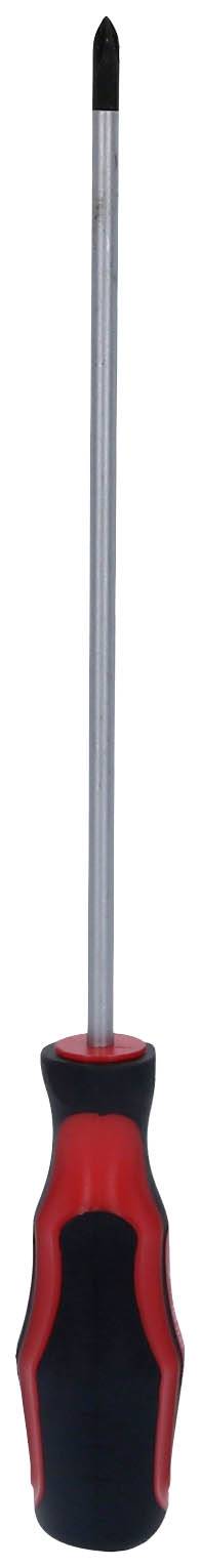 Śrubokręt krzyżowy z czarnym grotem i czerwonym uchwytem. Odpowiedni do wkrętów z łbem krzyżowym.