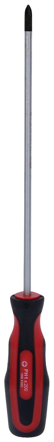 Czerwony i czarny wkrętak krzyżakowy z ergonomiczną rękojeścią, odpowiedni do różnych zadań związanych z wkręcaniem śrub.
