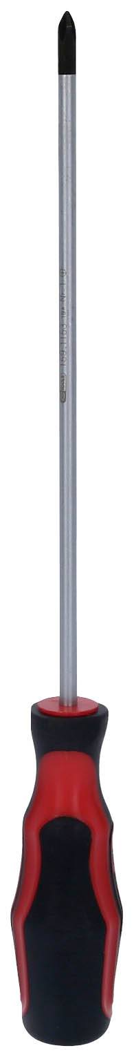 Wkrętak krzyżowy z czarnym grotem i czerwonym, gumowanym uchwytem.