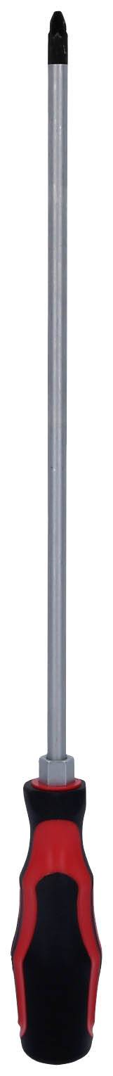 Wkrętak krzyżowy z długim, srebrnym trzpieniem i czarną rękojeścią z czerwonymi akcentami.