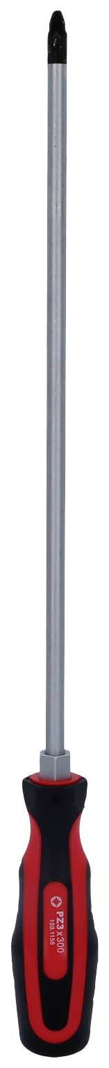 Długi wkrętak z ergonomicznym uchwytem w czarno-czerwonym kolorze.