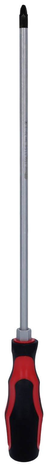 Przedstawiono śrubokręt z czarną i czerwoną rękojeścią oraz długim, wąskim metalowym trzpieniem.