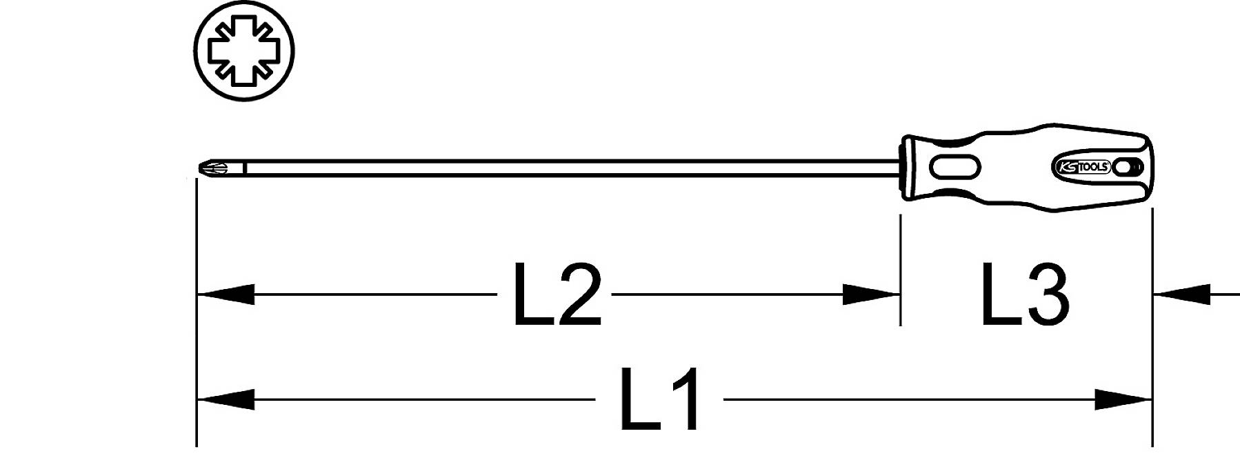 Diagram wkrętaka krzyżowego pokazuje wymiary: całkowita długość L1, długość trzpienia L2, długość rękojeści L3. Łeb śruby u góry po lewej stronie.