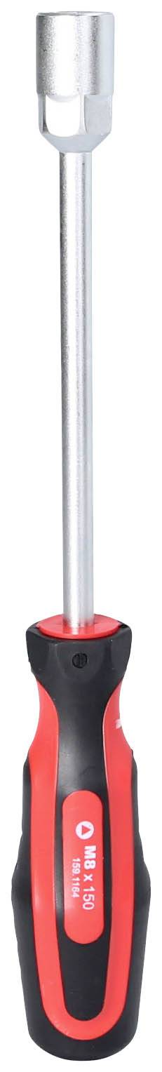 Wkrętak krzyżakowy z czerwonym i czarnym uchwytem, długim metalowym trzpieniem i końcówką krzyżową.