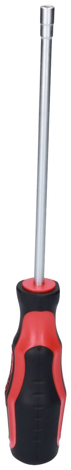 Długi śrubokręt z uchwytem w czarno-czerwonej kolorystyce, idealny do precyzyjnych prac lub trudno dostępnych miejsc.