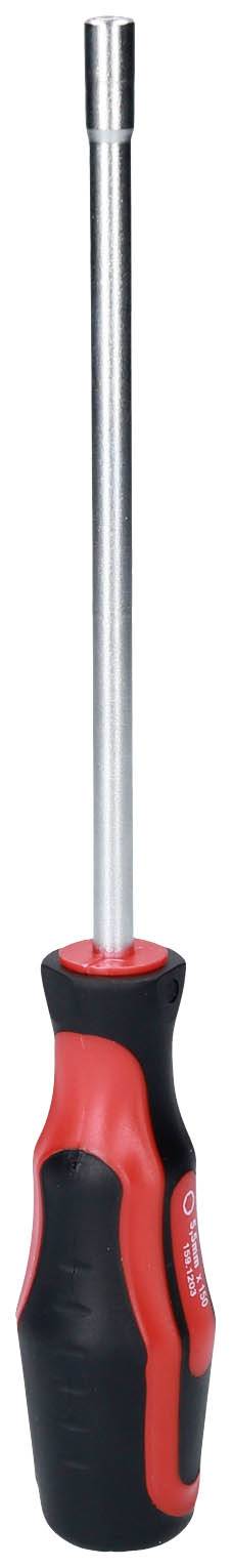 Śrubokręt z długim metalowym trzpieniem i ergonomicznym, czerwono-czarnym uchwytem stoi pionowo.