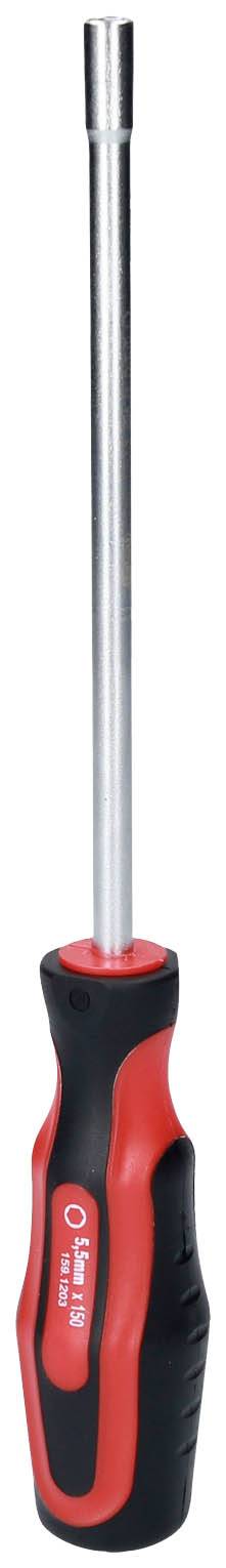 Długi wkrętak z czerwoną i czarną rączką.