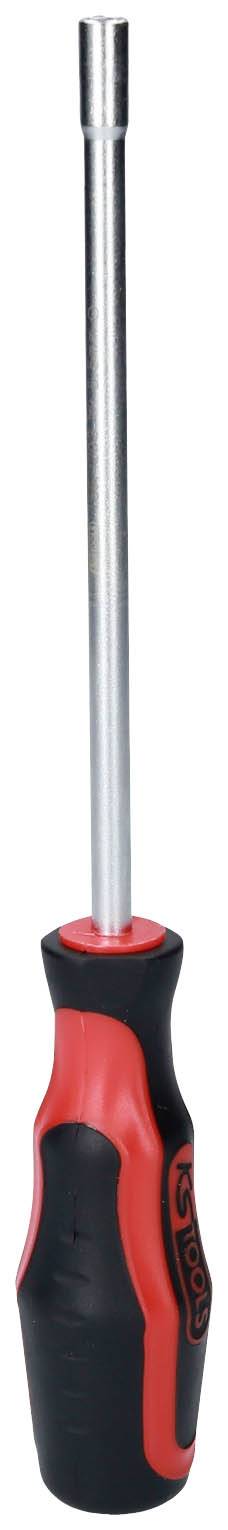 Czarny i czerwony wkrętak z ergonomicznym uchwytem i długim, wąskim ostrzem.