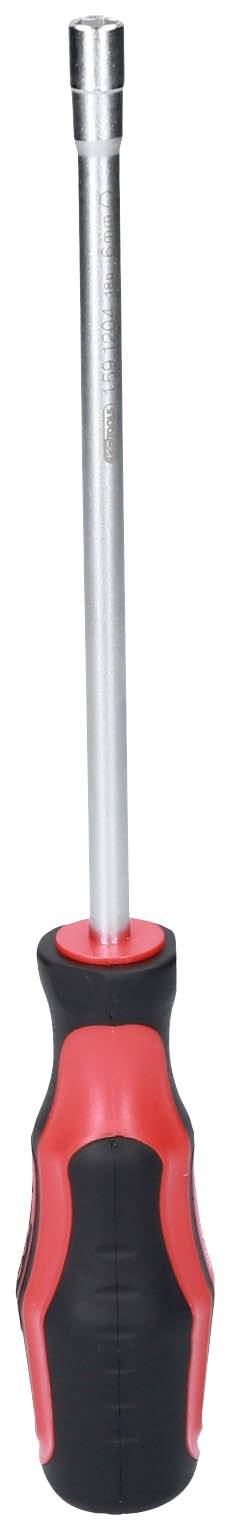 Długi śrubokręt z czarną i czerwoną rękojeścią, odpowiedni do śrub znajdujących się w trudno dostępnych miejscach.