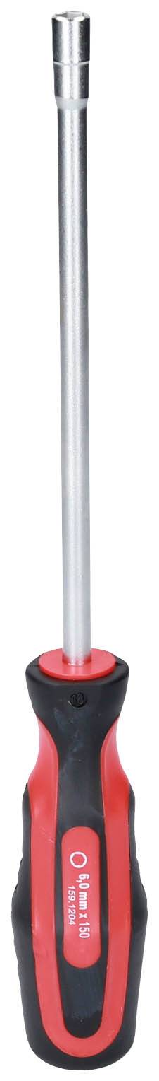 Wkrętak z długim metalowym trzpieniem i czarnym, ergonomicznym uchwytem z czerwonymi akcentami.