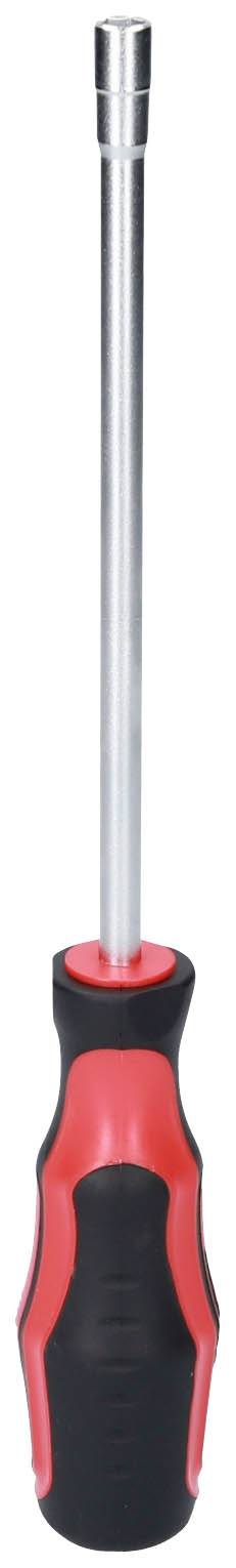 Wkrętak z długim, metalowym trzpieniem i ergonomicznym uchwytem w kolorach czerwonym i czarnym. Odpowiedni do prac w trudno dostępnych miejscach.