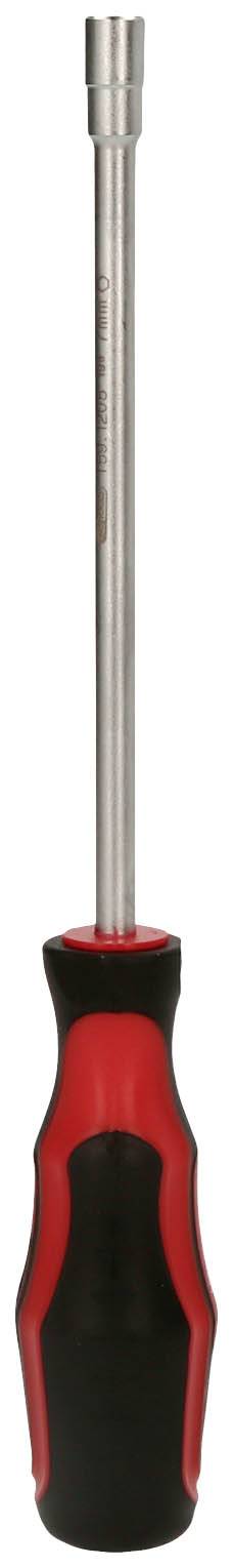 Wkrętak z czerwonym i czarnym uchwytem oraz długim metalowym trzpieniem, odpowiedni do dokręcania śrub.