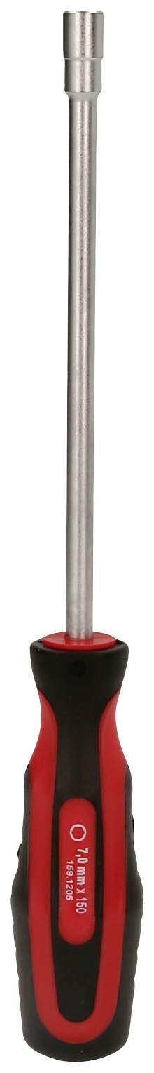 Śrubokręt z czerwoną i czarną rękojeścią oraz długim metalowym ostrzem do prac rzemieślniczych.