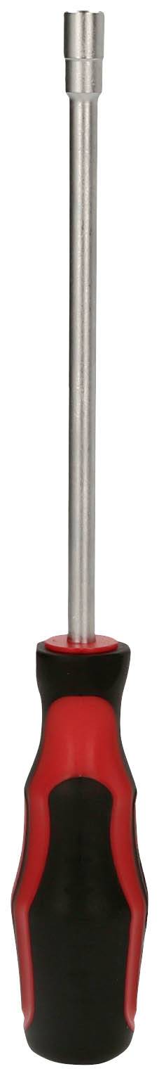 Prosty śrubokręt z czerwonym i czarnym uchwytem oraz długim metalowym trzpieniem.