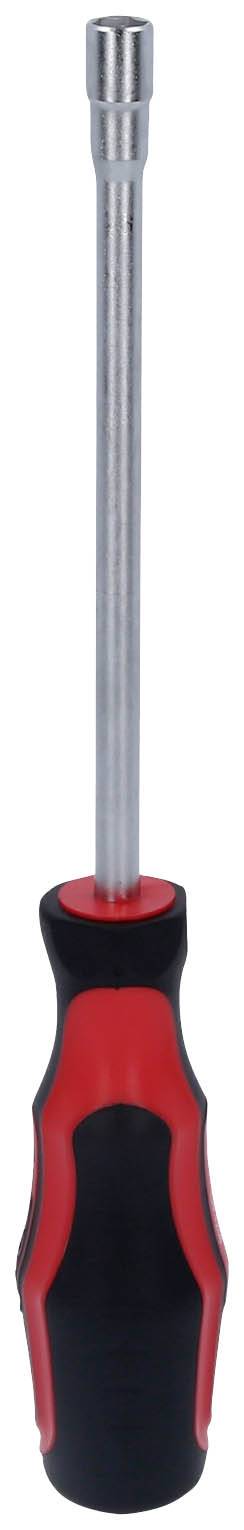 Wkrętak z czerwonym i czarnym uchwytem, o średniej długości metalowym trzpieniu, przydatny do dokręcania lub odkręcania śrub.