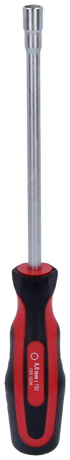 Czerwony i czarny śrubokręt z długim trzpieniem i łbem do klucza, odpowiedni do zastosowań w narzędziach ręcznych.