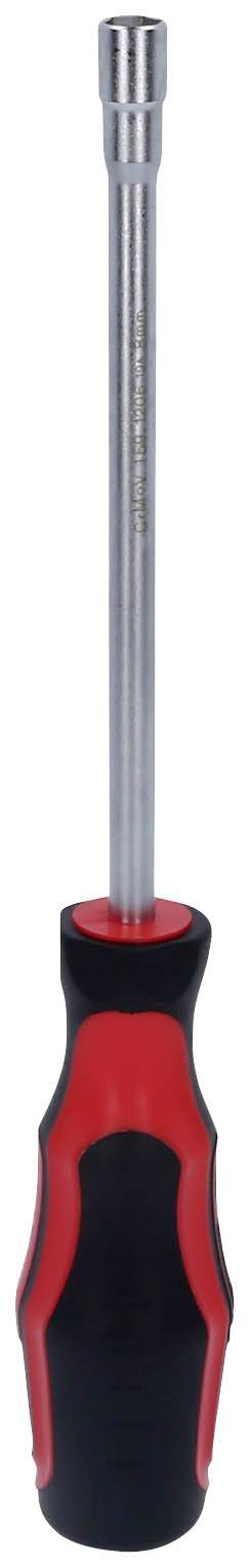 Długi śrubokręt z czerwoną i czarną rękojeścią, idealny do śrub umieszczonych głęboko w trudno dostępnych miejscach.