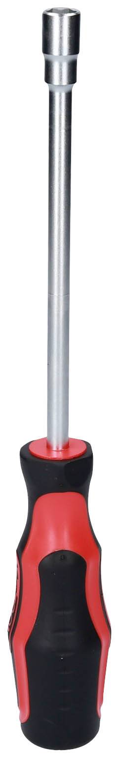 Wkrętak z uchwytem w kolorach czerwonym i czarnym oraz długim, srebrnym metalowym ostrzem.