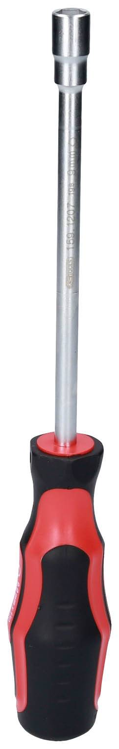 Wkrętak z uchwytem czerwonym i czarnym, odpowiedni do śrub sześciokątnych. Solidny i ergonomiczny, zapewniający wygodne użytkowanie.