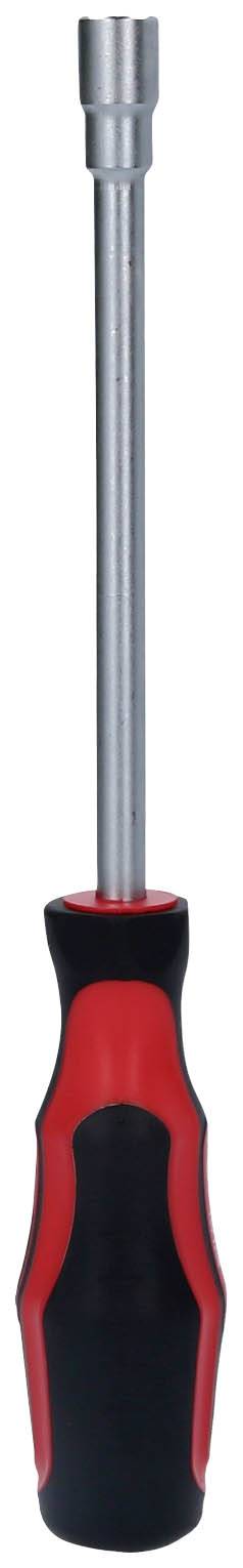 Śrubokręt z czarnym i czerwonym uchwytem oraz długim, srebrnym trzpieniem, przeznaczony do śrub sześciokątnych.