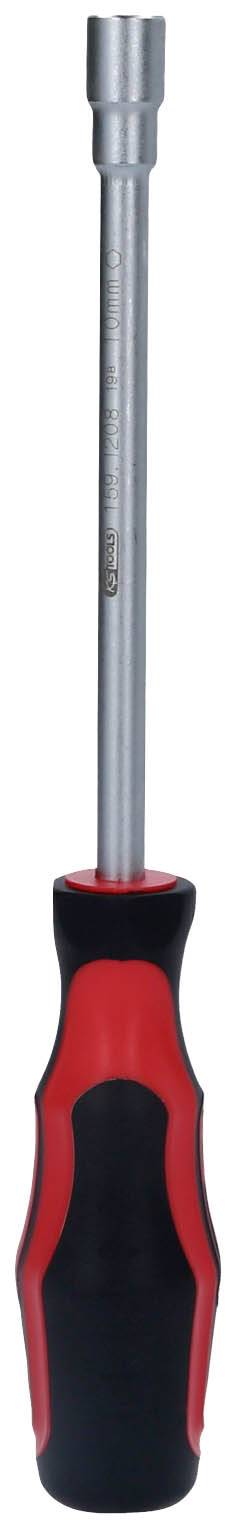 Śrubokręt w kolorach czerwonym i czarnym z długą metalową rączką i okrągłym zakończeniem uchwytu.