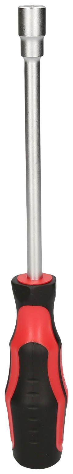Klucz do śrub o długiej rękojeści z antypoślizgowym uchwytem w kolorach czerwonym i czarnym, odpowiedni do prostych prac ślusarskich.