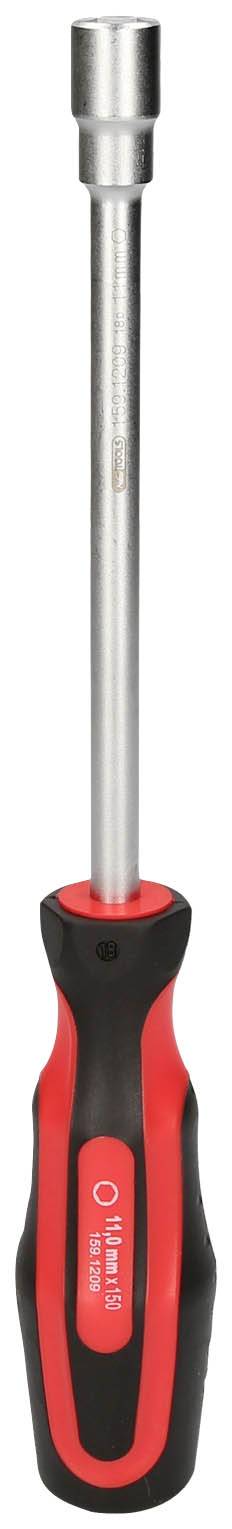 Poręczny klucz nasadowy z czarną i czerwoną rękojeścią, odpowiedni do śrub z łbem sześciokątnym.