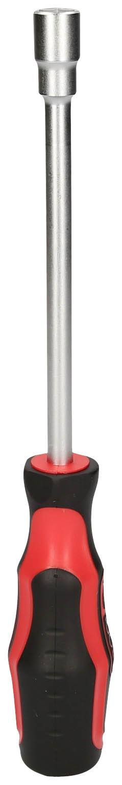 Klucz płaski z czerwoną i czarną rękojeścią, odpowiedni do dokręcania lub odkręcania śrub lub nakrętek.