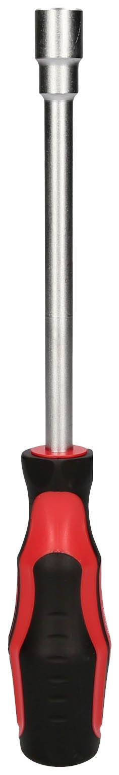 Czerwono-czarny śrubokręt z długim metalowym trzonkiem.