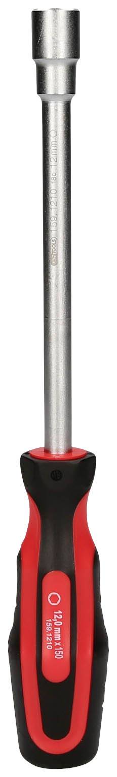 Wkrętak ręczny z czerwoną i czarną rękojeścią oraz srebrnym metalowym czubkiem, używany do ręcznego wkręcania śrub.