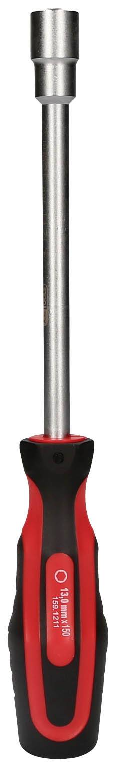 Ręczny wkrętak z uchwytem w kolorze czerwonym i czarnym, odpowiedni do wkręcania śrub sześciokątnych.