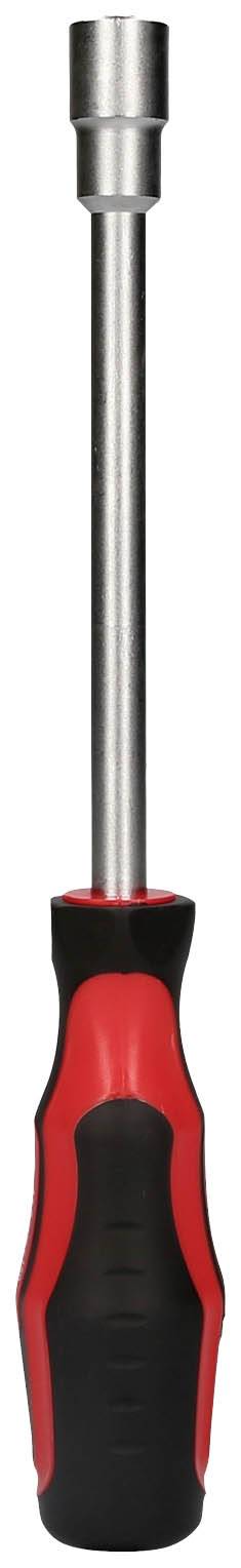 Śrubokręt z czarno-czerwonym uchwytem i długim metalowym trzpieniem, odpowiedni do prac z wkrętami w trudno dostępnych miejscach.