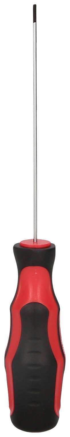 Wkrętak z czerwonym i czarnym uchwytem, długim metalowym trzpieniem i płaskim czubkiem.