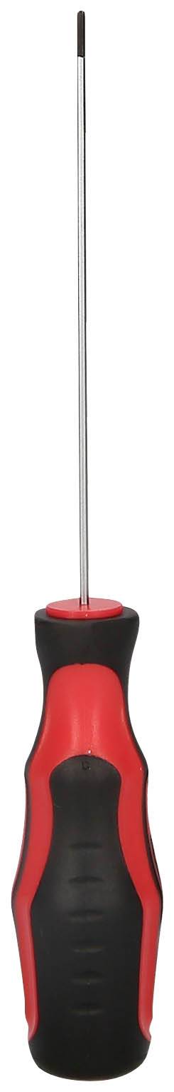 Czerwony i czarny śrubokręt z ergonomicznym uchwytem i długim, wąskim trzpieniem.