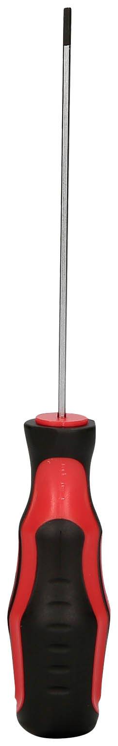 Wkrętak krzyżowy z czerwoną i czarną rękojeścią oraz długim metalowym trzpieniem; odpowiedni do prac majsterkowiczów.