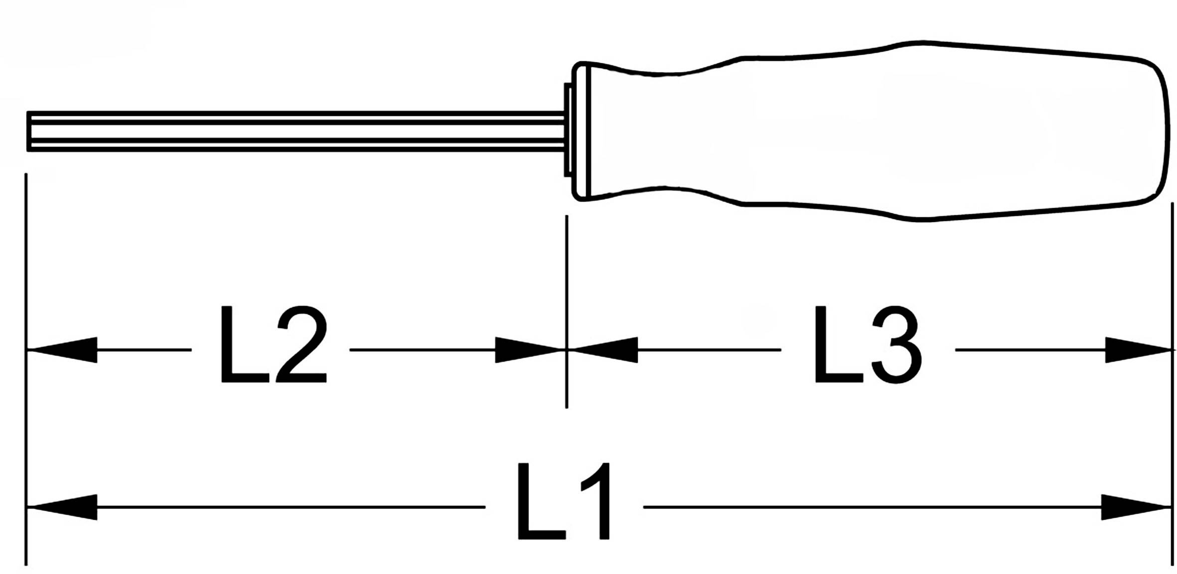 Diagram wkrętaka z wymiarami L1, L2 i L3. L1 to długość całkowita, L2 to długość ostrza, L3 to wielkość uchwytu.