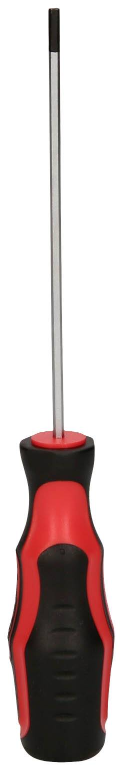 Wkrętak z czerwonym i czarnym uchwytem oraz długim metalowym trzpieniem, odpowiedni do wkręcania śrub.