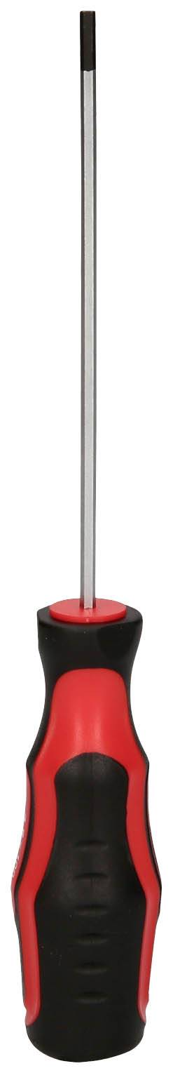 Czarny i czerwony śrubokręt z ergonomicznym uchwytem i smukłą metalową końcówką, ustawiony pionowo.