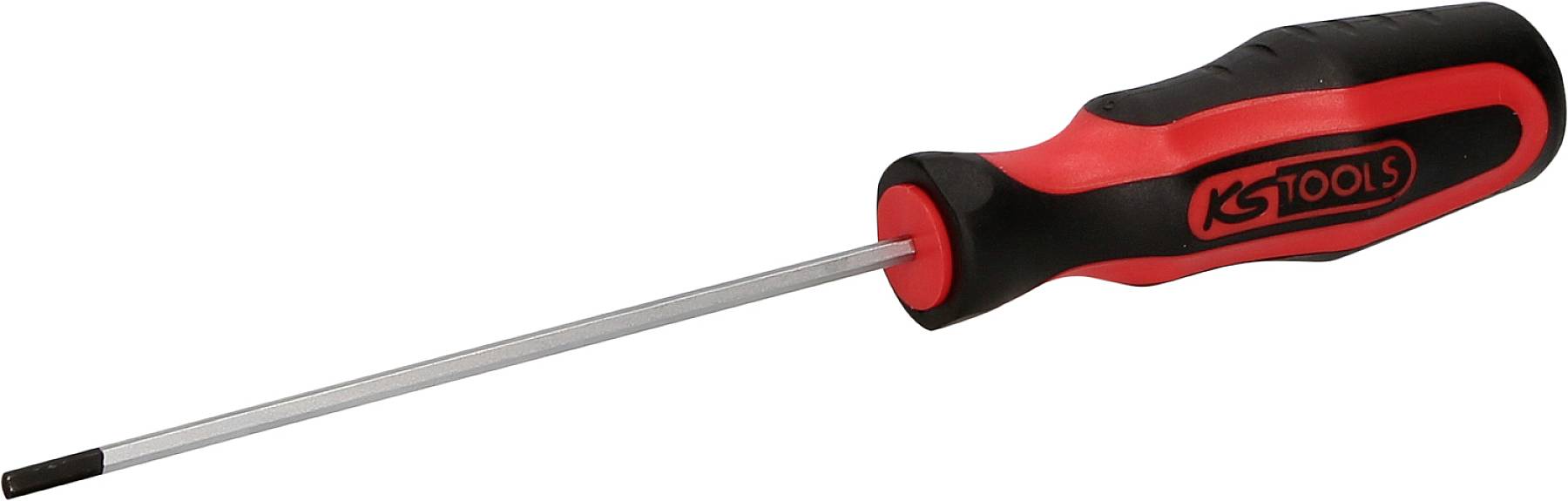 Czerwony i czarny śrubokręt z długim, cienkim trzpieniem i płaską główką, przeznaczony do wkręcania lub odkręcania śrub.