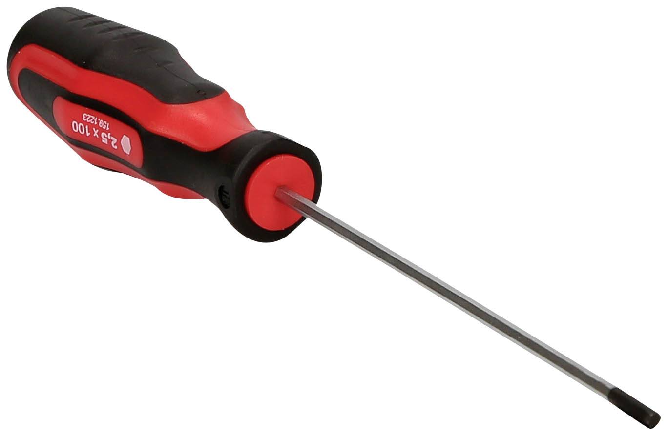 Wkrętak z uchwytem w kolorze czerwonym i czarnym, przeznaczony do wkrętek płaskich. Uchwyt jest ergonomicznie wyprofilowany dla lepszego chwytu.