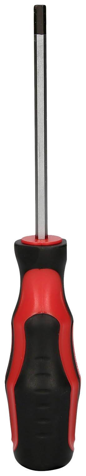 Wkrętak z uchwytem czerwonym i czarnym, odpowiedni do śrub sześciokątnych.