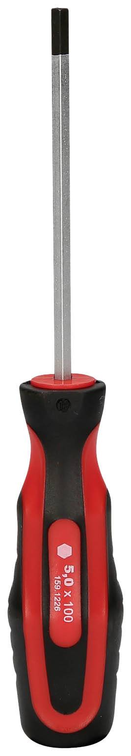 Wkrętak krzyżowy z czarną i czerwoną rękojeścią, odpowiedni do uniwersalnych zastosowań narzędziowych.