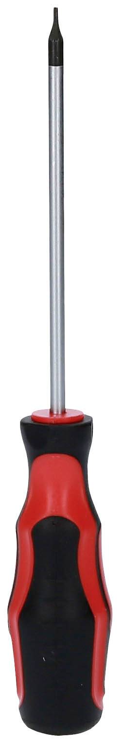 Wkrętak z czerwoną i czarną rękojeścią; odpowiedni do wkręcania lub odkręcania śrub z rowkiem prostym.