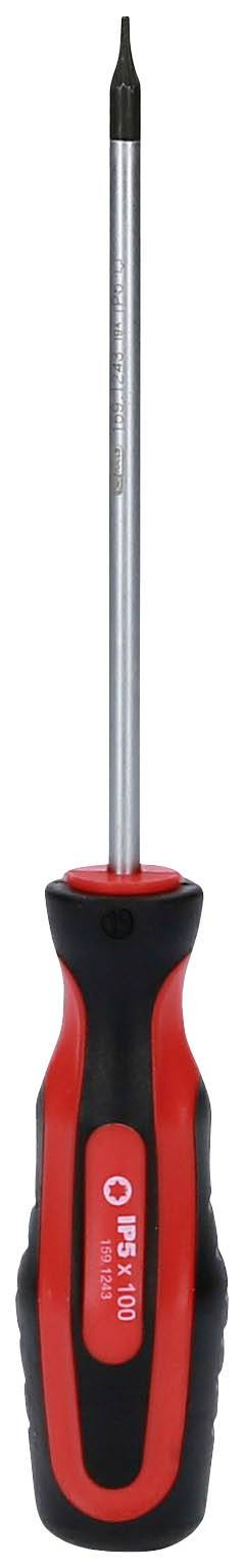 Wkrętak z czerwoną i czarną rękojeścią oraz końcówką krzyżakową, odpowiedni do ogólnych prac naprawczych i montażowych.