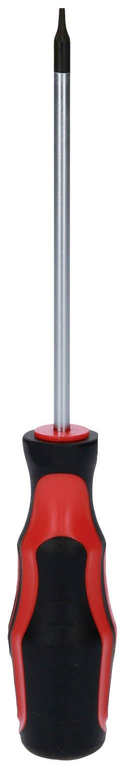 Czerwony i czarny wkrętak z wąską, metaliczną główką krzyżakową, ustawiony pionowo.