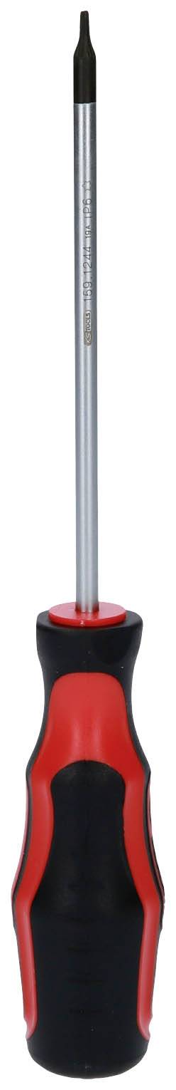 Wkrętak z czerwonym i czarnym uchwytem, zwężający się ostro od przodu.