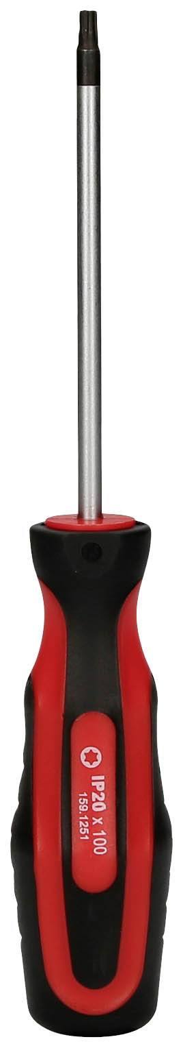 Wkrętak z czerwonym i czarnym uchwytem oraz długim, wąskim metalowym trzpieniem. Odpowiedni do różnych prac ślusarskich.
