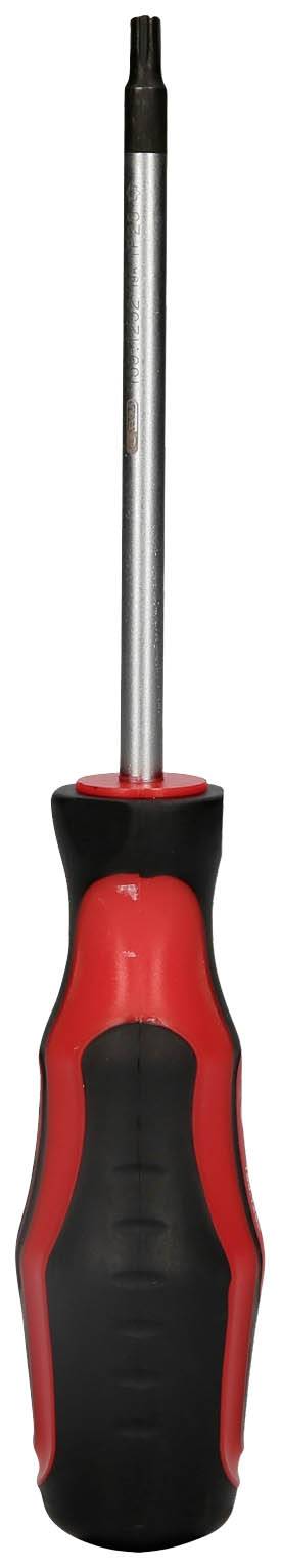 Czerwony i czarny śrubokręt z ergonomicznym uchwytem i magnetycznym grotem, stojący pionowo.