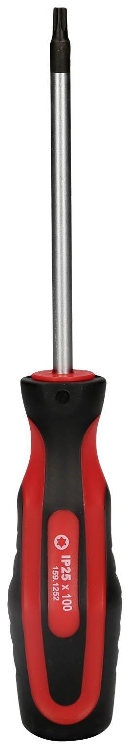 Wkrętak z czerwonym i czarnym uchwytem oraz metalowym trzpieniem.